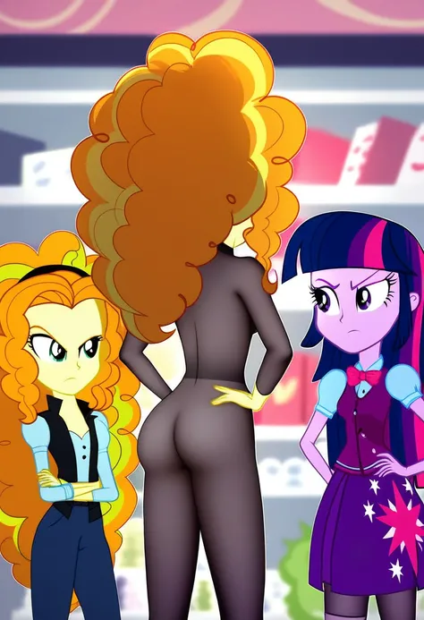 Eqg Twilight sparkle bodystocking  adagio . Angry adagio is standing in the store and Twilight Sparkle is touching her butt