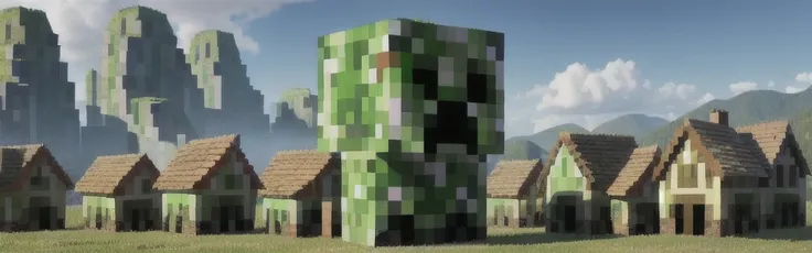 giant creeper in a small village, high detail, sharp focus, full body, photorealistic, hdr