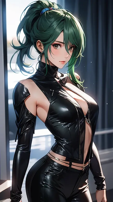 1 Female, Tamaki, green hair, ponytail, hair between eyes, Fashion Model,