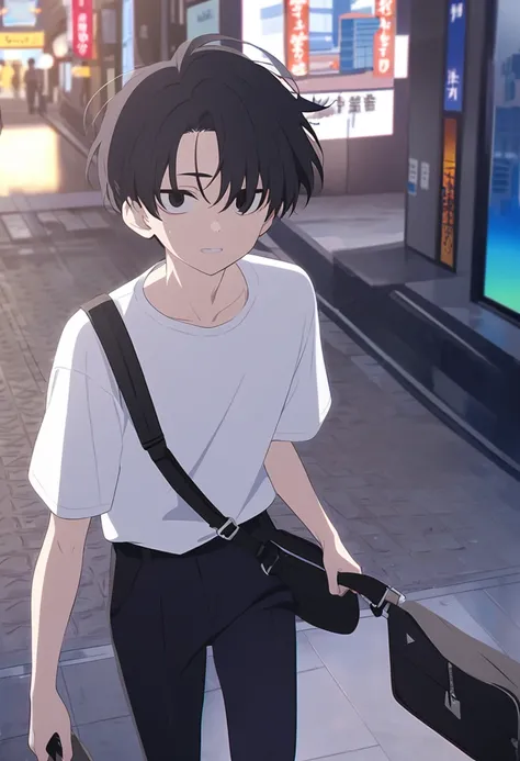 (One short boy,Black Hair,The hairstyle is short,Black Eye,Refreshing face)Boy walking in the city,White Shirt、Black trousers,Face to the viewer