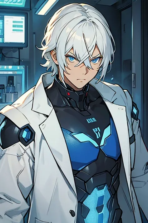 robot man, White hair, con hair clips, blue eyes, serious, lab coat 