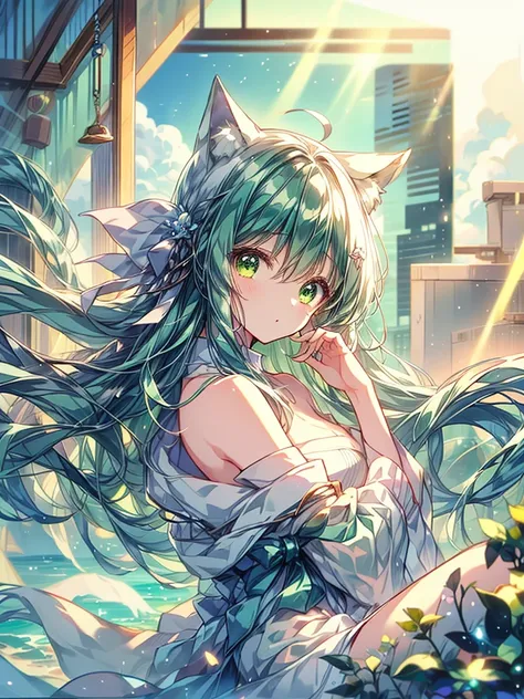 Scenery light green long hair happy Nekogirl (two neko ears and white fox tail), cute thoughtful face, white oversized shirt Off-the-shoulder, watching out of a window thoughtful, sunset, high amount of rainbow sunflare and lensflare, lots of colors, cloud...