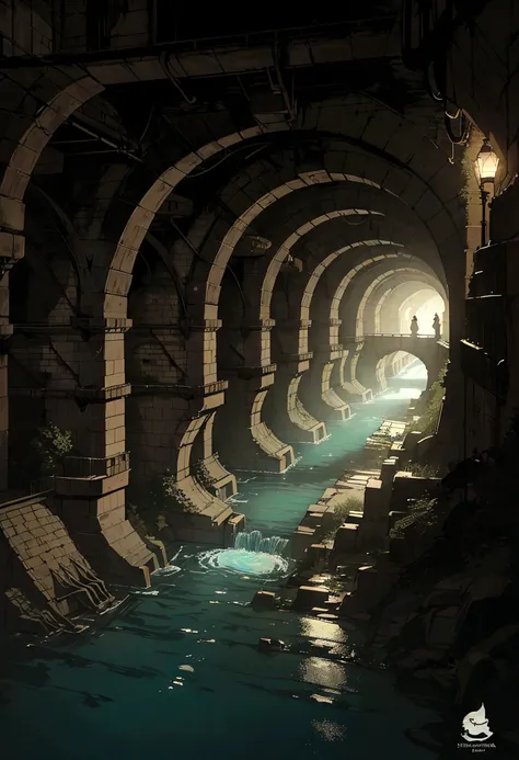 a dimly lit tunnel with a river running through it, sewers, sewer, down in the sewers of london, water flowing through the sewer, sewer background, twisted waterway, sewage, canal, tunnels, underground lake, in a massive cavernous iron city, metal towers a...