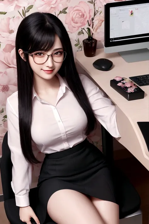 masterpiece, best quality, extremely detailed, illustration, 8k cg wallpaper, stunning art, absurdres, amazing detailed eyes, (solo), 1lady, very beautiful face, black hair, straight hair, glasses, smile, dress shirt, tight skirt, sitting on the chair of m...