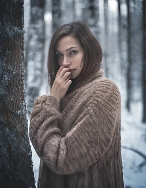 ((nthlemmnlmssdr woman)), winter forest, natural skin texture, 24mm, 4k textures, soft cinematic light, adobe lightroom, photola...