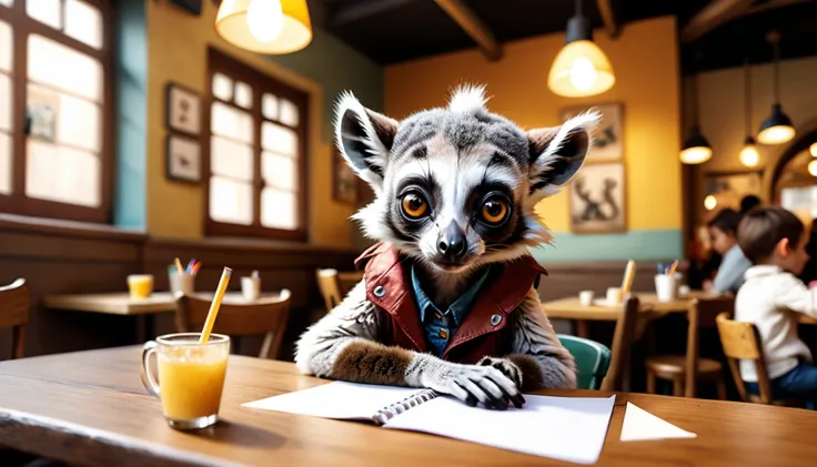 (photo film style), anthropomorphism, cute baby ring-tailed lemur, colorful , stylish open cafe, (((studying))), 2D, colorful, warm atmosphere, glossy, Jean-Baptiste Monge style, Alan Lee style