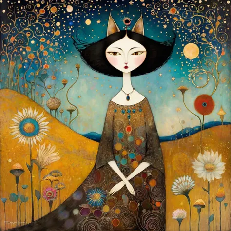 Artistic style of Sam Toft, Florine Stettheimer, Dina Wakley, Catrin Welz-Stein, Gabriel Pacheco, Elisabeth Fredriksson, who use encaustic painting and sandpaper to give texture to the image: cat-headed, tall, stylized, otherworldly, fair-skinned women wea...