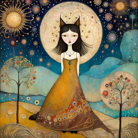 Artistic style of Sam Toft, Florine Stettheimer, Dina Wakley, Catrin Welz-Stein, Gabriel Pacheco, Elisabeth Fredriksson, who use encaustic painting and sandpaper to give texture to the image: cat-headed, tall, stylized, otherworldly, fair-skinned women wea...