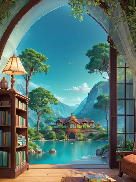 ((breathtakingly scenic landscape)), with its intricate details and vibrant colors blending together in a (serenely poised composition), capturing the essence of a (serene and enchanting library) that transports you to a (peaceful oasis) far from the bustl...