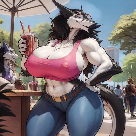 by darkgem, by duase, by BNG, by sligarthetiger, sergal, anthro, female, older woman, (round glasses:1.4), (white fur:1.3), (black hair:1.3), furry body, wide body, wide hips, thick thighs, big arms, (huge breasts:1.1), (heavy breasts:1.3), nipple outline,...