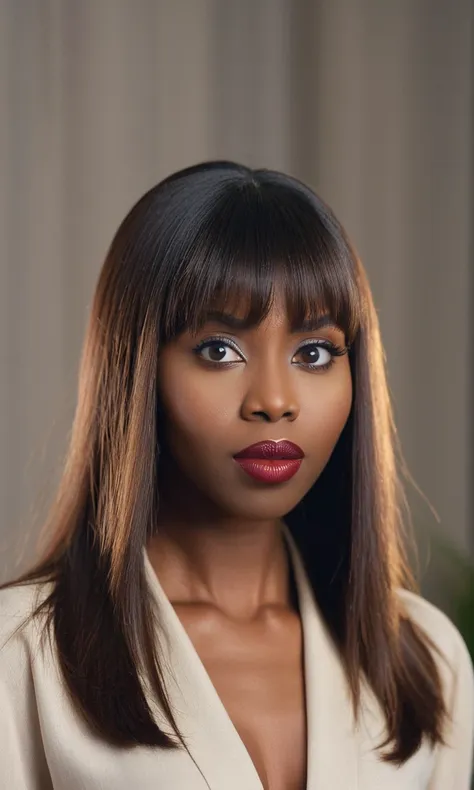 photo of 26 years african woman facing the camera, shot from waist up, (long brown hair and bangs:0.9), tooth gap, serious, (puf...