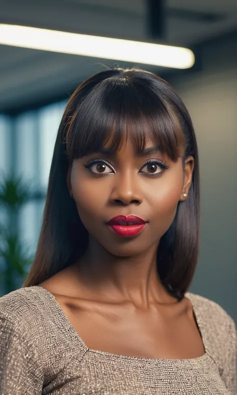 photo of 26 years african woman facing the camera, shot from waist up, (long brown hair and bangs:0.9), tooth gap, serious, (puf...