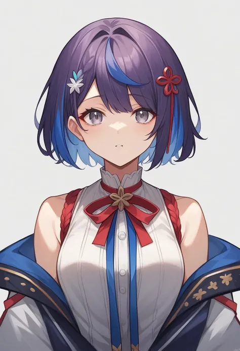 「masterpiece, Highest quality, High resolution, Anime Style, Short Bob, Dark purple hair, Blue Highlights, Bangs are straight and not bouncy, Gray Eyes, Blue and white outfit, Red ribbon accent at neck, Red sphere accessory in the center, A blue ribbon-lik...