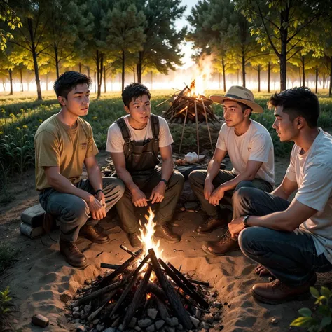 Three farmers at a campfire in a planting field in Mexico
