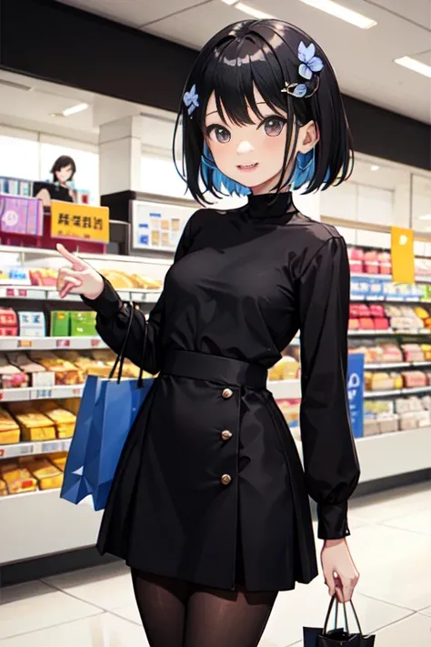 Black Hair、Iris、Short Hair、Girl、cute、16 years old、The clothes are long sleeved and brightly colored.、Wearing black pantyhose、Happy smile、、Small breasts、The background is a shopping mall、Small hair ornament、