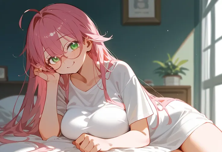 One Woman、Big Breasts、Pink Hair、Long Hair、Straight Hair、Ahoge、Kind older sister、Pink small glasses、Green Eyes、smile、Droopy eyes、Background home bedroom、Bukabuka Y-shirt、Teaching study