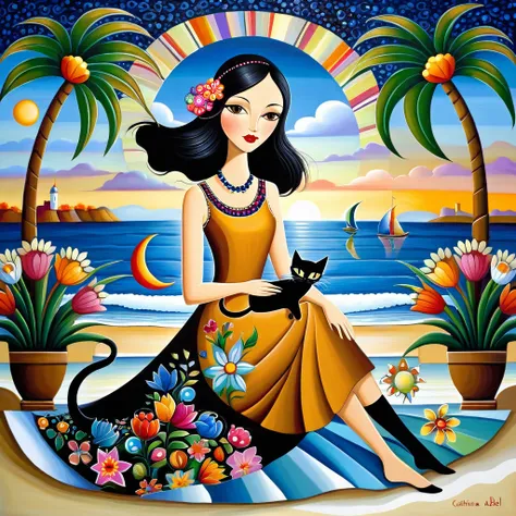 Patchwork by Iwona Lifsches and Catherina Abel, of Young European woman with long black hair, sweet light brown eyes, sitting on the beach with Cats long necks and flowers dancing in the distance, Art Deco, Wide-Angle, elegant fantasy intricate 8k very att...