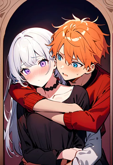 A handsome boy with orange hair and blue eyes, hugging a beautiful girl with short white hair and violet eyes. The boy is being possessively clingy, burying his face in the crook of her neck while hugging her waist from behind. The girl is blushing from em...