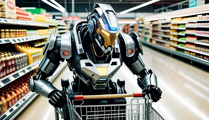 High angle camera view from above, ((Full body)) shot of a humanoid cyborg robot who is (((pushing a shopping cart full with products))) in a supermarket. The humanoid cyborg robot have armor and ((circuits and colored LEDs)) are embedded in. The cyborg ar...