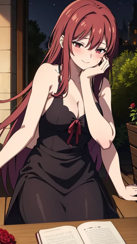 (1girl,20 years old,mature female),red hair,long hair,black dress, sleeveless,bare shoulders,smile,blush,extra arms,four arms,cleavage,pov across table,hand_on_own_face, head_rest, hand_on_own_cheek,at a party in a garden,night