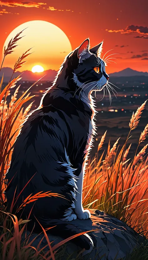 anime landscape of a cat sitting on a hill with tall grasses looking at a hellish orange and red sunset, serene sky anime nature wallpapers, beautiful anime scene, beautiful anime peace scene, Makoto Shinkai Cyril Rolando , beautiful anime scene, amazing w...