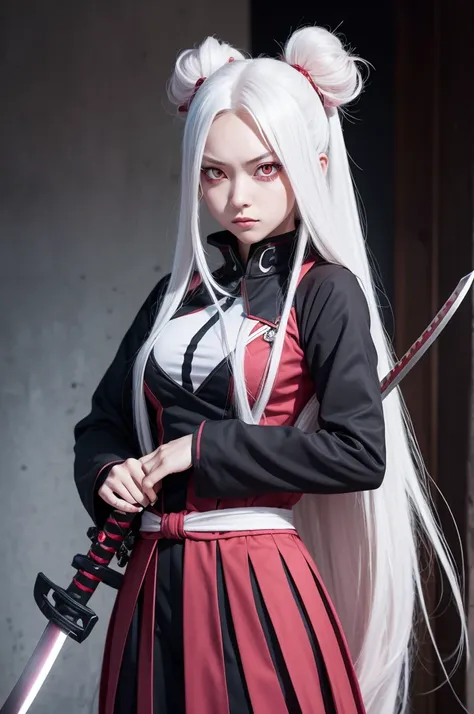 A girl with long white hair and red eyes, in the traits of Boku no hero academia, with villainous costumes, holding a katana in each hand with a look of contempt and pink eyes 