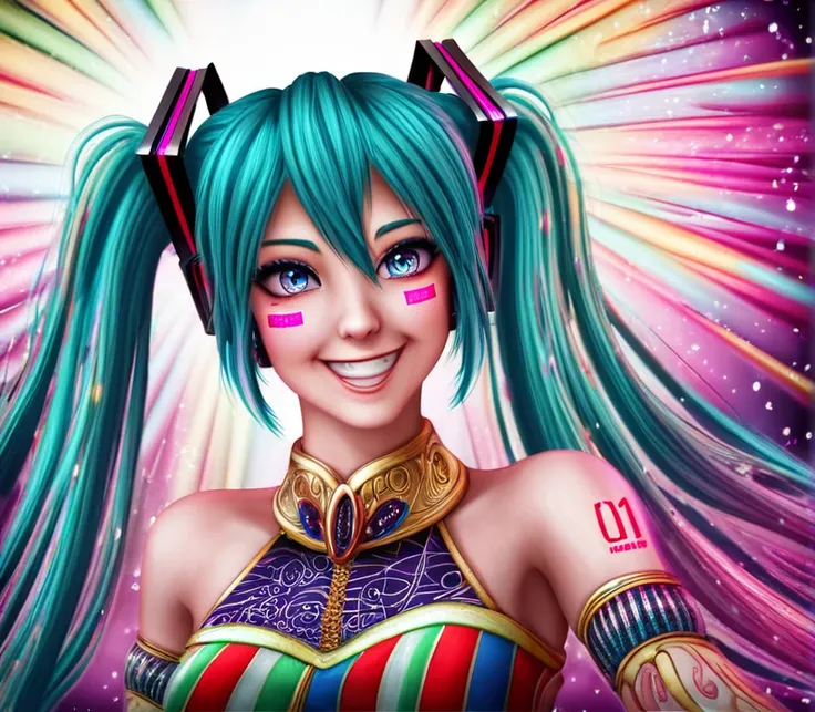 Hatsune Miku, colorful Mexican dress, half body, smiling, detailed face, beautiful eyes, intricate embroidery, vibrant colors, glowing skin, dynamic pose, magical realism, ethereal lighting, digital art, 4k 4k