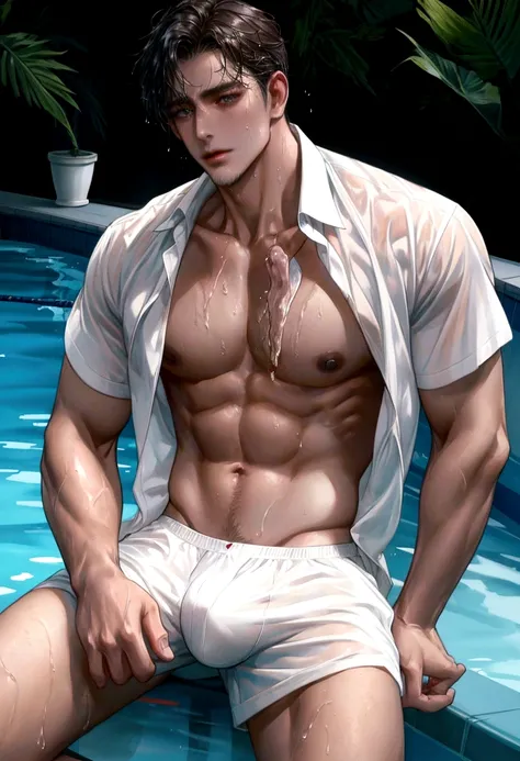 A wet handsome man, male in a wet white shirt and boxers sitting on the pool, big chest, handsome man, handsome guy, handsome stunning realistic, portrait of a handsome man, clothed in wet white shirt, sweat, ((best quality)), ((masterpiece)), (detailed)