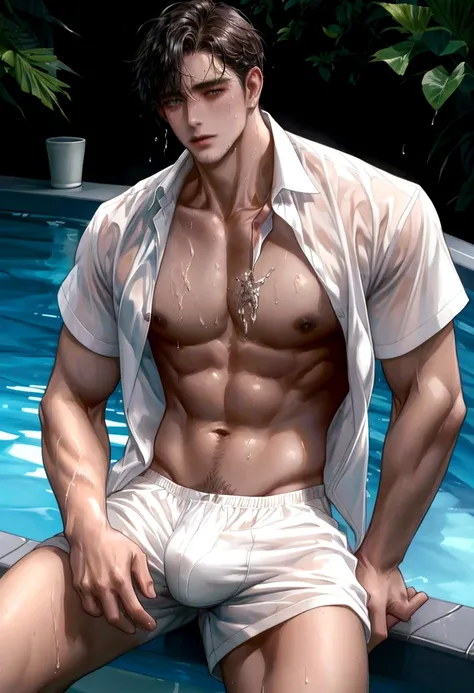 A wet handsome man, male in a wet white shirt and boxers sitting on the pool, big chest, handsome man, handsome guy, handsome stunning realistic, portrait of a handsome man, clothed in wet white shirt, sweat, ((best quality)), ((masterpiece)), (detailed)