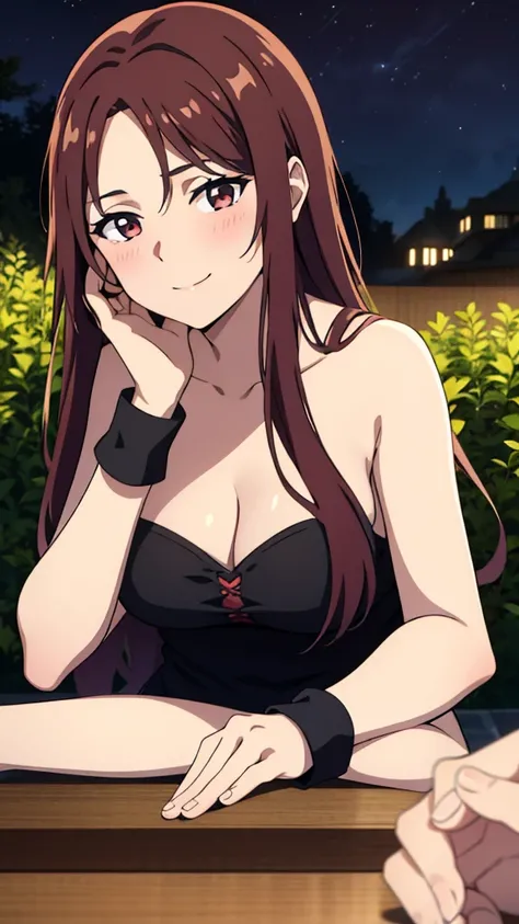 (1girl,20 years old),dark red hair,long hair,golden and black dress, sleeveless,bare shoulders,smile,blush,extra arms,four arms,cleavage,pov across table,hand_on_own_face, head_rest, hand_on_own_cheek,at a party in a garden,night,looking at view,loving