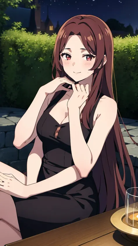 (1girl,20 years old),dark red hair,long hair,golden and black dress, sleeveless,bare shoulders,smile,blush,extra arms,four arms,cleavage,pov across table,hand_on_own_face, head_rest, hand_on_own_cheek,at a party in a garden,night,looking at view,loving