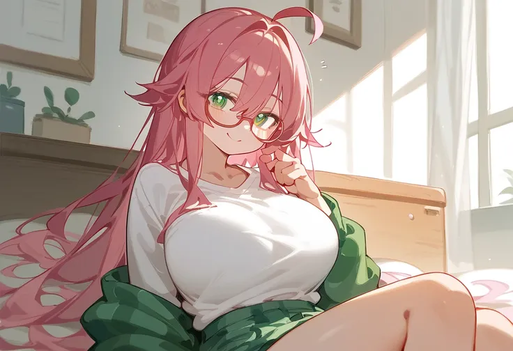 One Woman、Big Breasts、Pink Hair、Long Hair、Straight Hair、Ahoge、Kind older sister、Pink small glasses、Green Eyes、smile、Droopy eyes、Background home bedroom、Baggy shirt、Teaching study