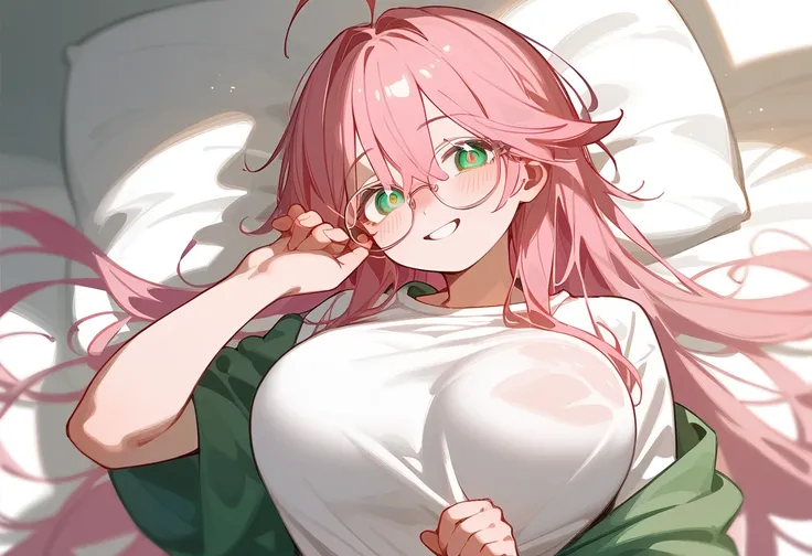 One Woman、Big Breasts、Pink Hair、Long Hair、Straight Hair、Ahoge、Kind older sister、Pink small glasses、Green Eyes、smile、Droopy eyes、Background home bedroom、Baggy shirt、Teaching study