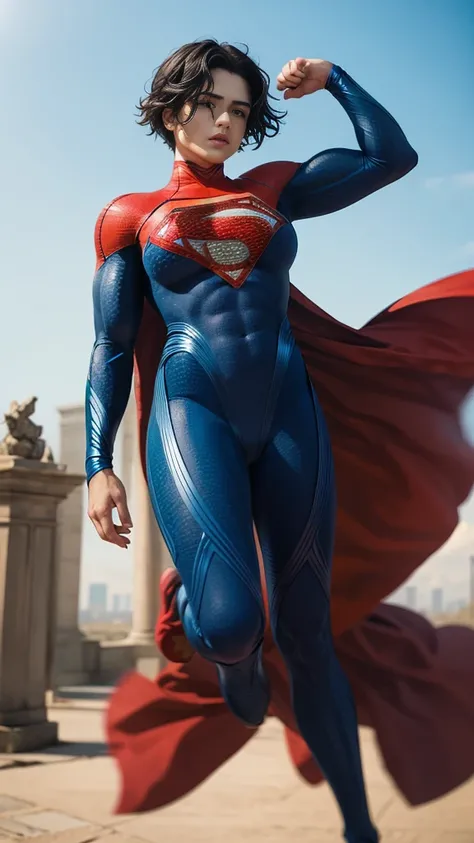 solo, 1girl, 5uper, supergirl, black hair, pixie haircut, blue eyes,muscular strong body,big bulging biceps, blue bodysuit,posing,flexing, long sleeves,high detail,realistic
