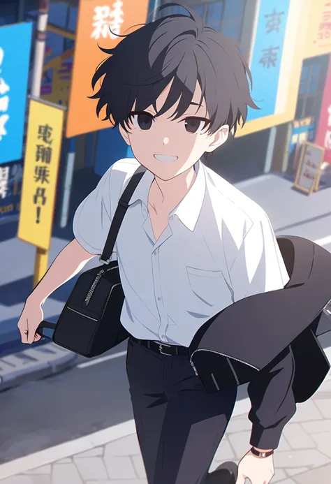 (One short boy,Black Hair,The hairstyle is short,Black Eye,Refreshing smile)Boy walking in the city,White Shirt、Black trousers,Face to the viewer