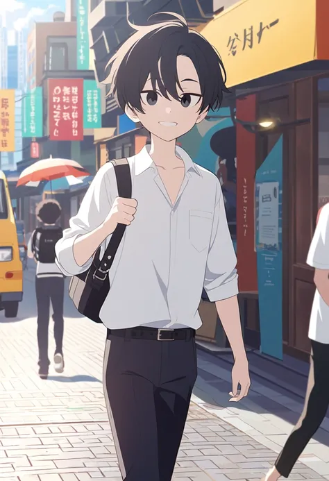 (One short boy,Black Hair,The hairstyle is short,Black Eye,Refreshing smile)Boy walking in the city,White Shirt、Black trousers,Face to the viewer