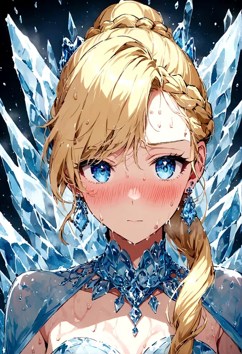 score_9, score_8_up, score_7_up, score_6_up,queen elsa, frozen, sweaty bangs, blush, blonde braid ponytail, earrings, jewelry, sweat, virtual youtuber