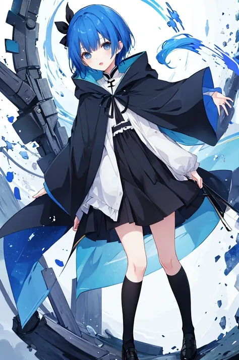 Girl、Blue hair short、Black cloak、stockings