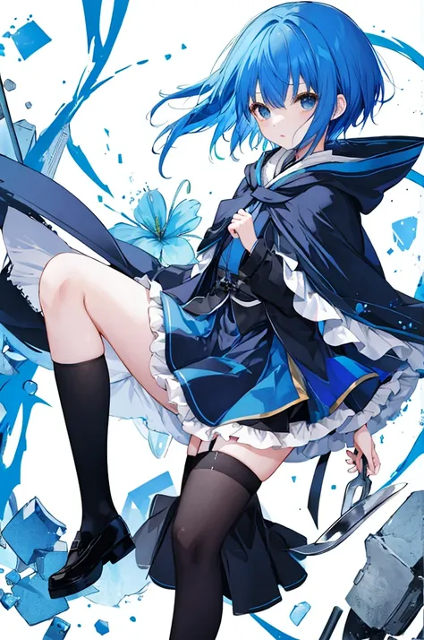 Girl、Blue hair short、Black cloak、stockings