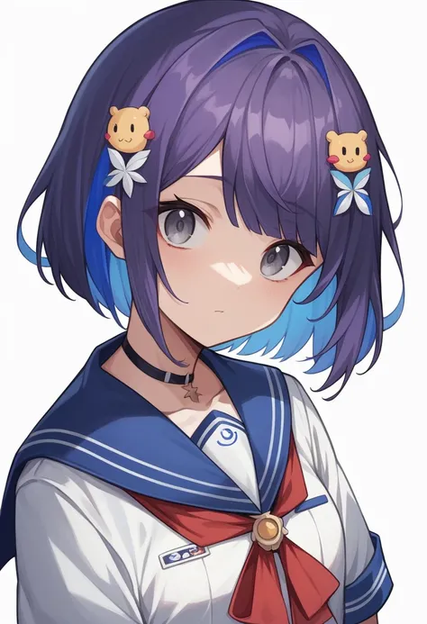 「masterpiece, Highest quality, High resolution, Anime Style, Short Bob, Dark purple hair, Blue Highlights, Bangs are straight and not bouncy, Gray Eyes, Blue and white outfit, Red ribbon accent at neck,  A large blue trefoil hair ornament on the left side ...