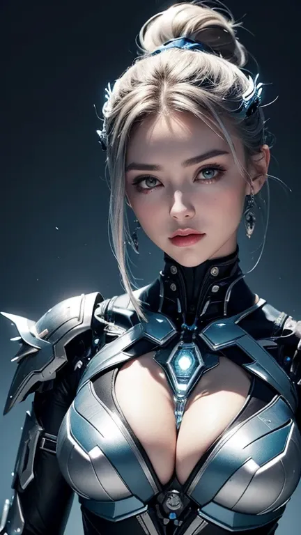 a female with a highly detailed and futuristic cybernetic design, featuring an intricate array of mechanical elements integrated with human features, highlighted by a central glowing chest piece and illuminated adornments near the head. The individuals exp...