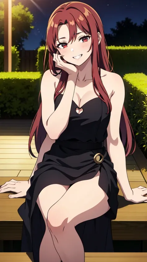 (1girl,20 years old),red hair,long hair,golden and black dress, sleeveless,bare shoulders,smile,teeth,blush,extra arms,four arms,cleavage,pov across table,hand_on_own_face, head_rest, hand_on_own_cheek,at a party in a garden,night,looking at view,loving