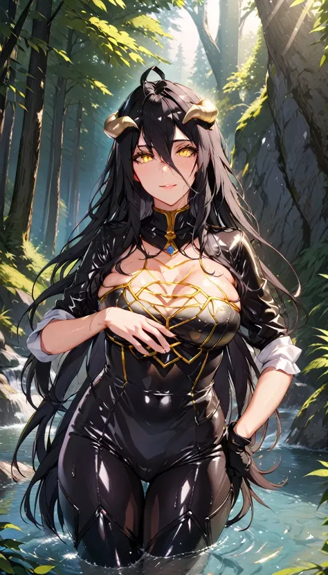 score_9, score_8_up, score_7_up, score_6_up, uncensored, albedo, long hair, black hair, horns, demon girl, demon horns, albedo (overlord), hair between eyes, yellow eyes, slit pupils, naughty face, shiny skin, sweating, steaming body, heavy breathing, BREA...