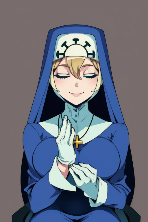 Double, short blonde hair, medium breasts, solo, smiling, cowboy shot, closed eyes, 
 blue habit, cross necklace ,long sleeves, white gloves, nun, 
(insanely detailed, beautiful detailed face,beautiful detailed eyes, masterpiece, best quality sitting 
   