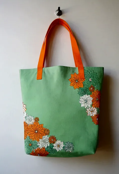 （Canvas Tote Bag Design：1.37），lattice，line，Simplicity，modern，upscale，cute，Color blocking，Flowers，（Taiping Life Insurance Logo）,Orange，Light green，illustration，Animation，in style of geometric,beautiful detailed，in style of flat color vector design, 