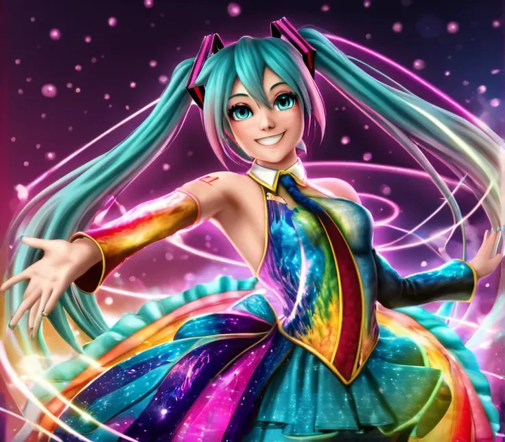 Hatsune Miku, colorful Mexican dress, half body, smiling, detailed face, beautiful eyes, , dynamic pose,, ethereal lighting, digital art, by pluma de genio, 4k 4k