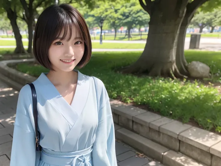 (best quality:1.2), masterpiece, Realistic, Ultra-high resolution, (((1 Japanese woman:1.2))), 17 years old, Bobcut, ((wearing write camisole:1.2)), ノースリーブ, (手を頭の上に), smile, Park during the day