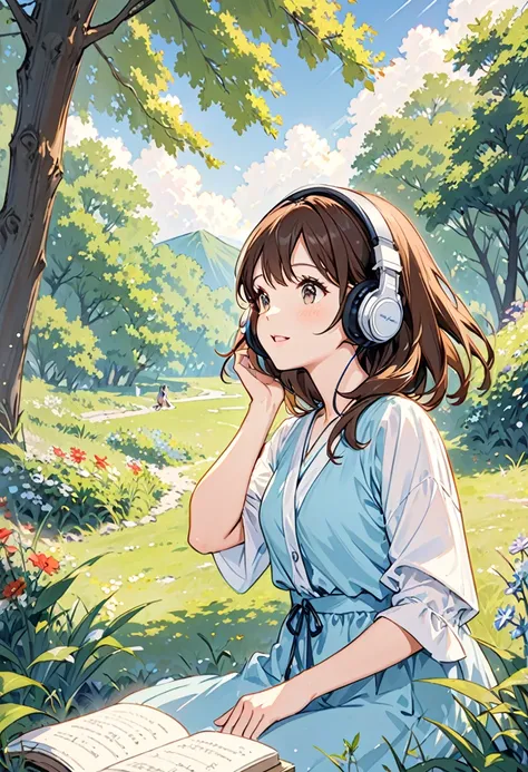 Girl wearing headphones,Enjoy singing while listening to jazz music in nature,Brown Hair,relax