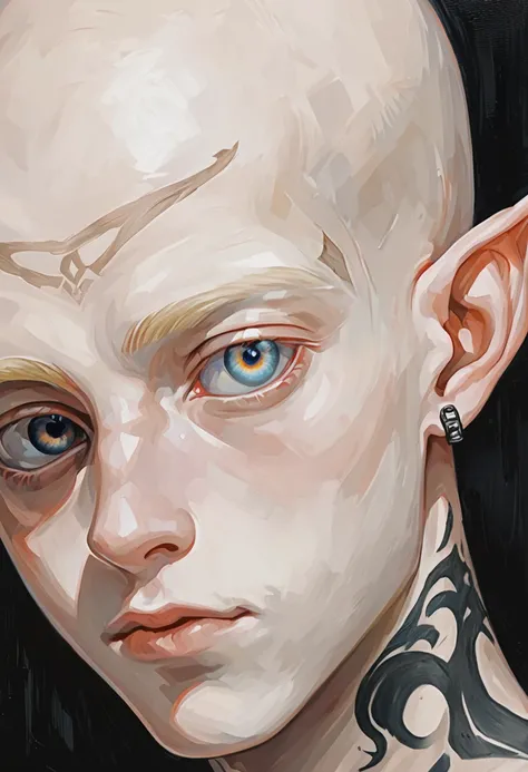 score_9, score_8_up, score_7_up, Portrait of a young male albino elf, with bald head and black tattoos and eye, oil painting, close to face, portrait