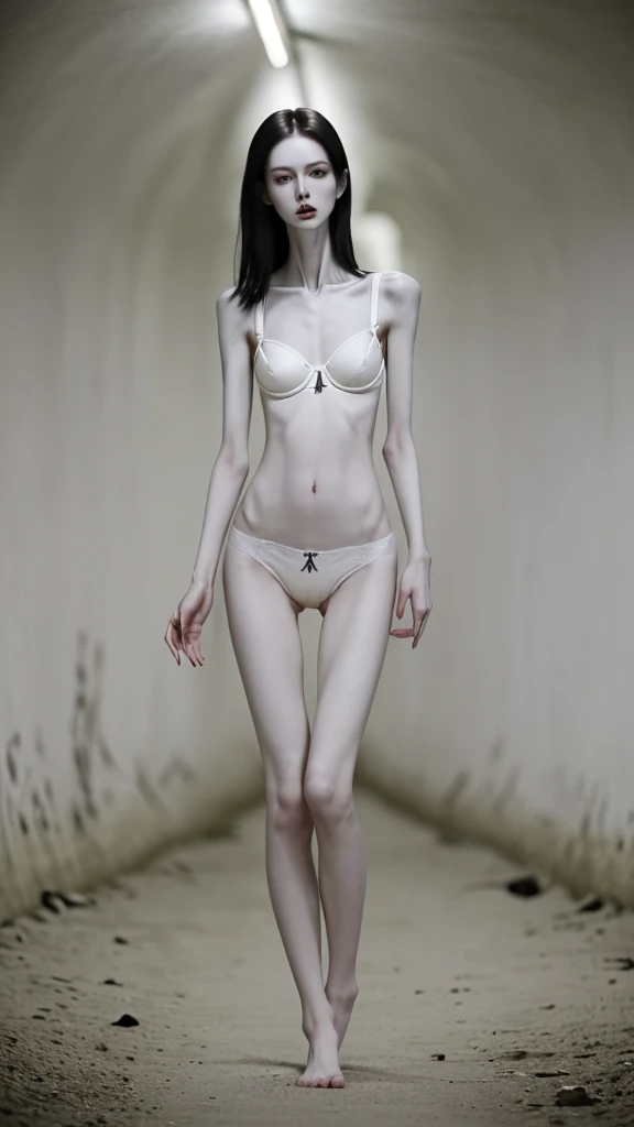 a woman, very thin body, body visible bones, very slender, pale white skin, panties, bra,tatto, full body, has a mental breakdown in an underground prison.